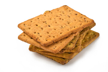 Cracker with flax seeds and oat bran rectangular shape for healthy, dietary and balanced diet isolated on white background. Snack for proper nutrition.
