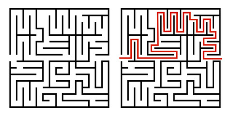 Abstract maze. Find right way. Isolated simple square maze black line on white background. Vector illustration.