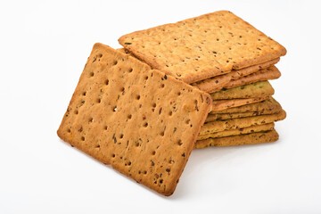 Cracker with flax seeds and oat bran rectangular shape for healthy, dietary and balanced diet isolated on white background. Snack for proper nutrition.