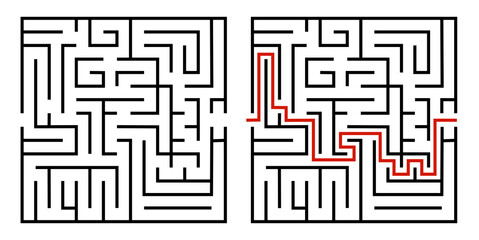 Abstract maze. Find right way. Isolated simple square maze black line on white background. Vector illustration.