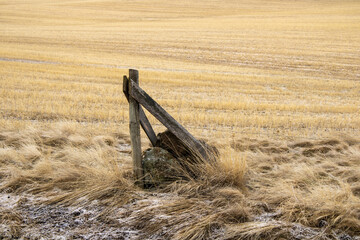 Old Barbed wire and wood and rock fence post in field