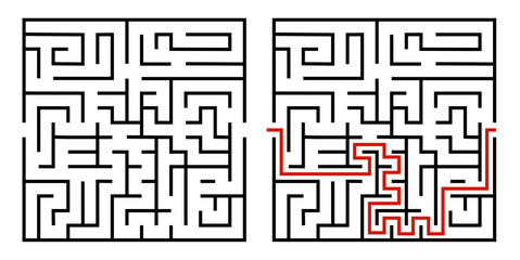 Abstract maze. Find right way. Isolated simple square maze black line on white background. Vector illustration.