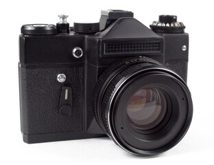 Old film SLR camera, white background, isolate, selective focus. .