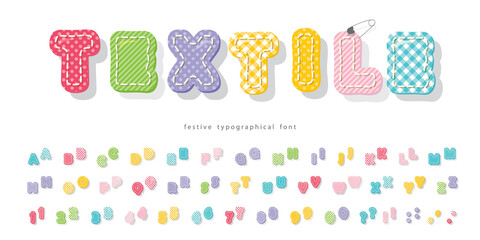 Bright textile font for kids. Colorful cartoon alphabet. Perfect for birthday, baby shower. Two variants of each letter and number. Vector