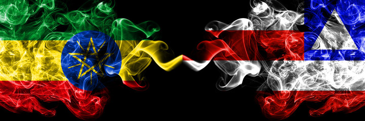 Ethiopia, Ethiopian vs Bahia, Brazil smoky mystic flags placed side by side. Thick colored silky abstract smoke flags.