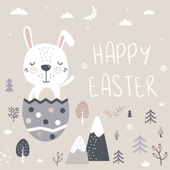 Happy Easter day, doodle banner template. Greeting card in scandinavian style. Funny rabbit in egg, forest landscape. Cute white bunny.