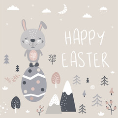 Fototapeta na wymiar Happy Easter day, doodle banner template. Greeting card in scandinavian style. Funny rabbit and egg in forest. Cute bunny, spring poster