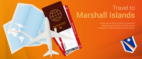 Travel to Marshall Islands pop-under banner. Trip banner with passport, tickets, airplane, boarding pass, map and flag of Marshall Islands.