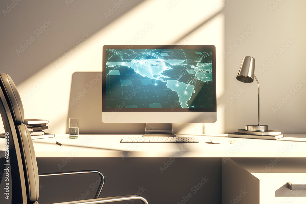 Poster abstract digital world map with connections on modern computer monitor, big data and blockchain conc