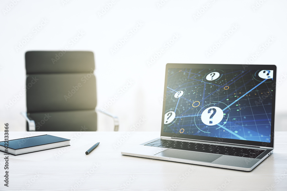 Poster creative abstract question mark hologram on modern computer monitor, future technology concept. 3d r