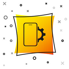 Black Phone repair service icon isolated on white background. Adjusting, service, setting, maintenance, repair, fixing. Yellow square button. Vector