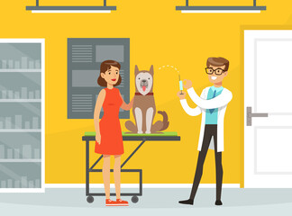 Man Veterinarian with Syringe Making Injection to Dog Pet Vector Illustration