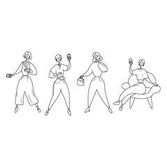 Set of illustrations of women talking on the phone. Girls talk on their mobiles, record vlog and speak on video. Young women holding phones in their hands. Communication concept. Vector graphic