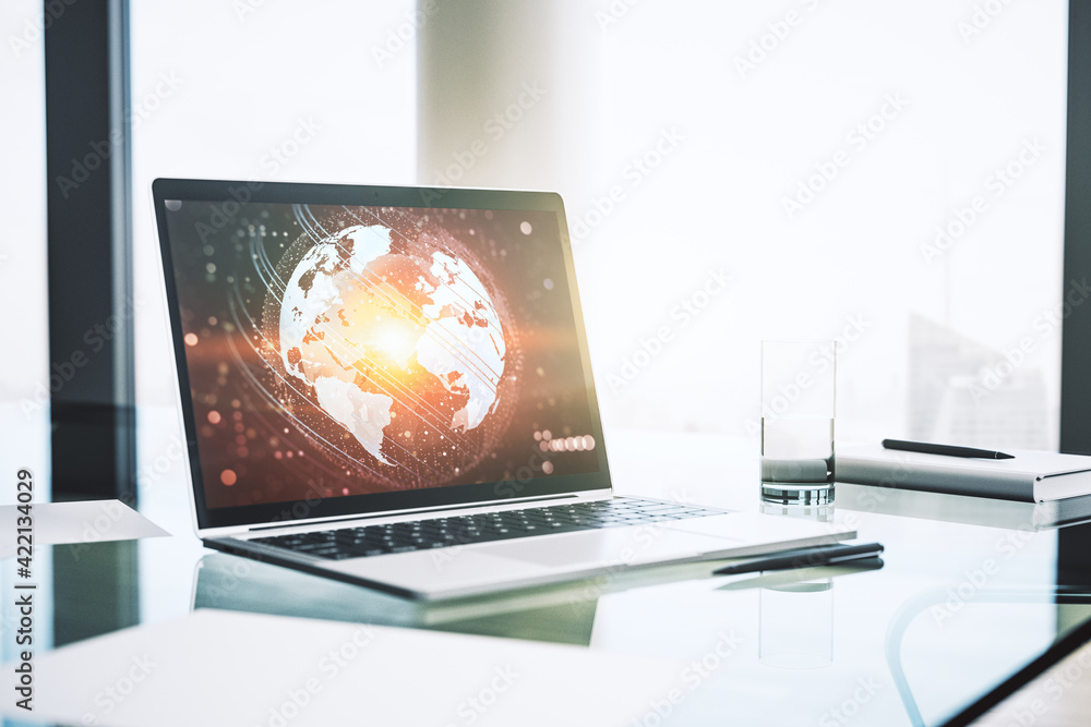Fototapete modern computer display with abstract graphic world map, big data and networking concept. 3d renderi