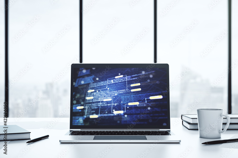 Poster modern computer display with abstract software development hologram, research and analytics concept.