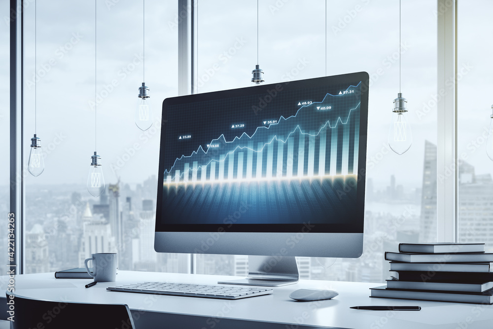 Fototapete modern computer display with abstract financial graph, financial and trading concept. 3d rendering