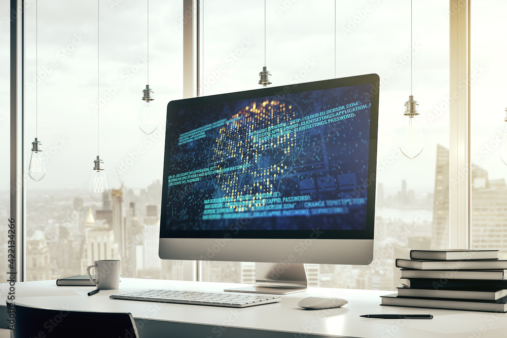 Poster Creative code skull sketch on modern laptop monitor, theft of personal data and malware concept. 3D Rendering