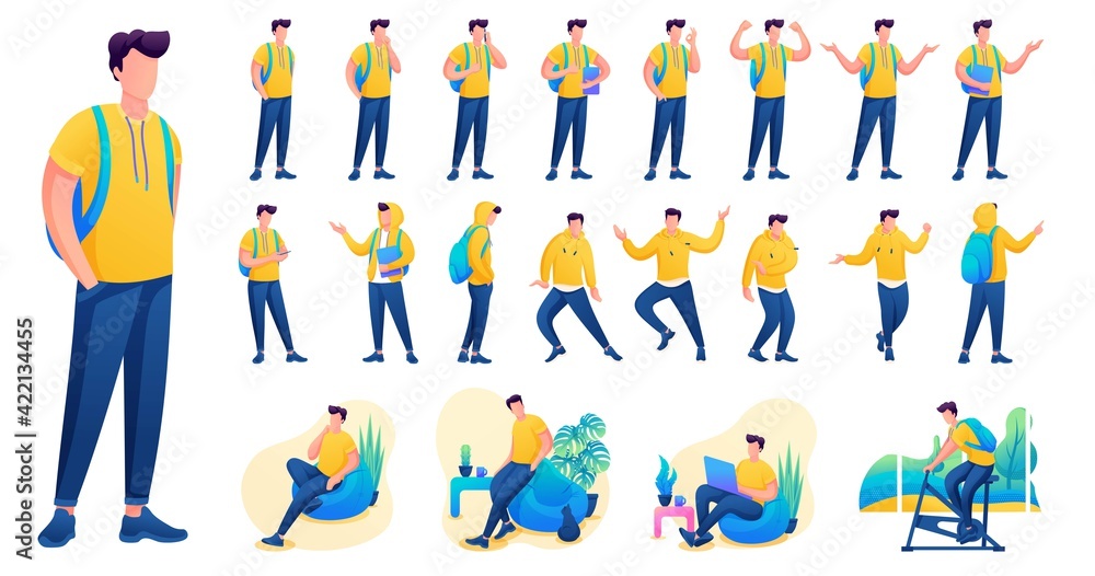 Poster presentation in various poses and actions character. young men. 2d flat character vector illustratio