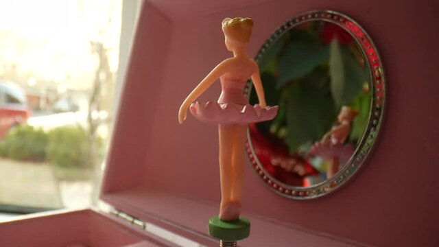 Child's wind-up music box with dancing ballerina.