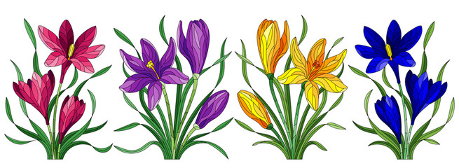 Set of illustrations in the stained glass style with floral arrangements of hyacinths, flowers isolated on a white background