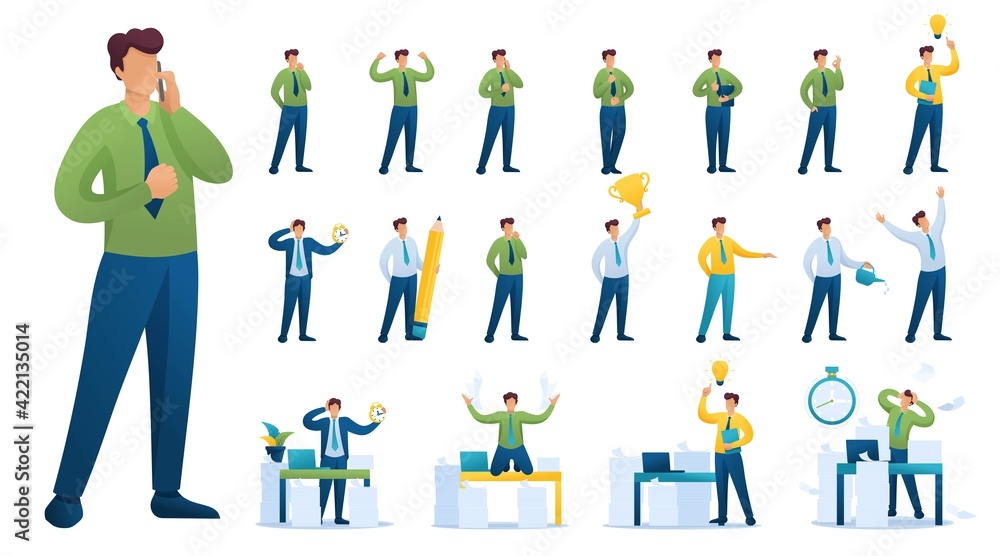 Poster set of businessman. presentation in various in various poses and actions. 2d flat character vector i
