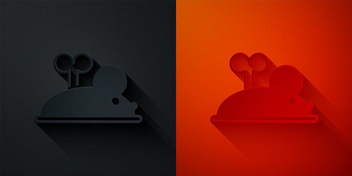 Paper Cut Clockwork Mouse Icon Isolated On Black And Red Background. Wind Up Mouse Toy. Paper Art Style. Vector