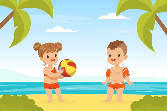 Happy Boy and Girl in Swimwear at Sea Shore Playing Ball Enjoying Summer Camp Activity Vector Illustration