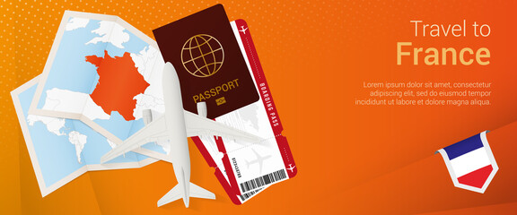 Travel to France pop-under banner. Trip banner with passport, tickets, airplane, boarding pass, map and flag of France.