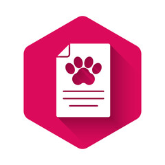 White Clipboard with medical clinical record pet icon isolated with long shadow background. Health insurance form. Medical check marks report. Pink hexagon button. Vector
