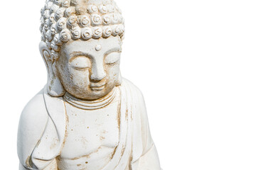 Face of Buddha statue white isolated on white background. Founder of Buddhism. Black and white photo, close up. 