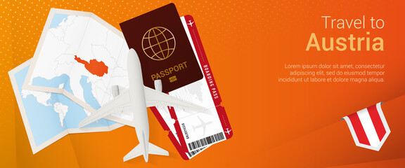 Travel to Austria pop-under banner. Trip banner with passport, tickets, airplane, boarding pass, map and flag of Austria.