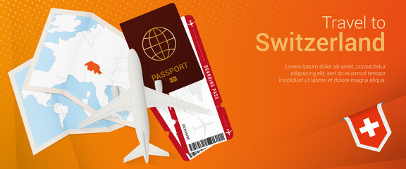 Travel to Switzerland pop-under banner. Trip banner with passport, tickets, airplane, boarding pass, map and flag of Switzerland.