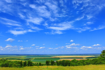 Obraz premium Picturesque summer cloudscape over fields, meadows, forests, roads, villages and settlements on far background