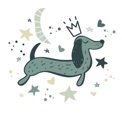 Dog wearing fashion crown, stars, moon. Hand drawn vector illustration. Ready for t-shirt design or party birthday invitation, wrap paper.