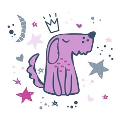 Dog wearing fashion crown, stars, moon. Hand drawn vector illustration. Ready for t-shirt design or party birthday invitation, wrap paper.