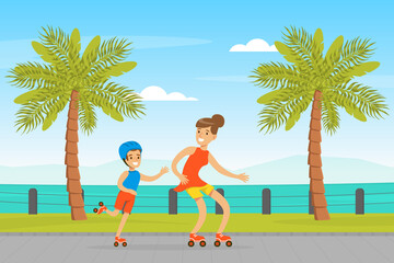 Young Mother and Her Son Roller Skating Along Beach Roadway Vector Illustration