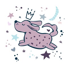 Dog wearing fashion crown, stars, moon. Hand drawn vector illustration. Ready for t-shirt design or party birthday invitation, wrap paper.