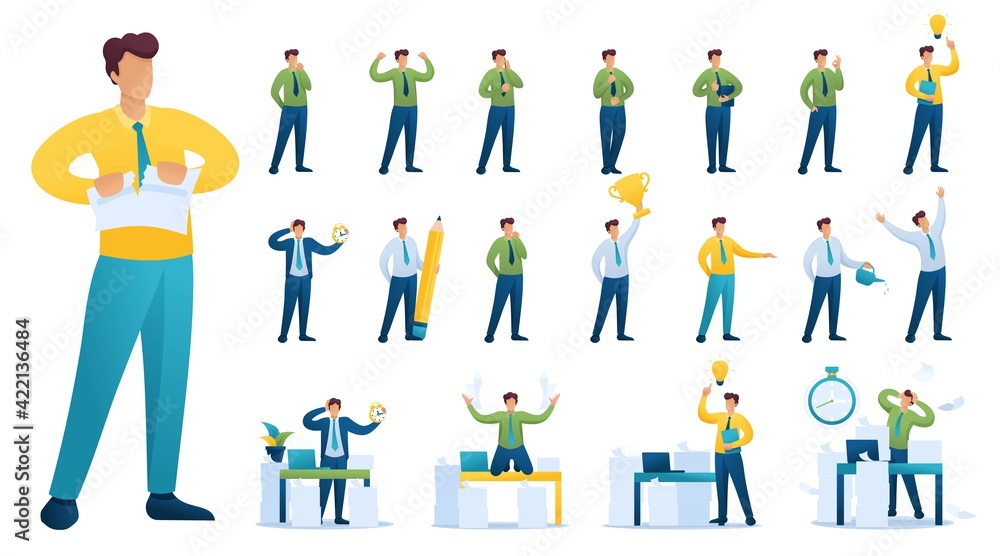 Poster set of businessman. presentation in various in various poses and actions. 2d flat character vector i
