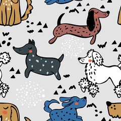 Childish seamless pattern with hand drawn dogs. Trendy scandinavian vector background. Perfect for kids apparel,fabric, textile, nursery decoration,wrapping paper