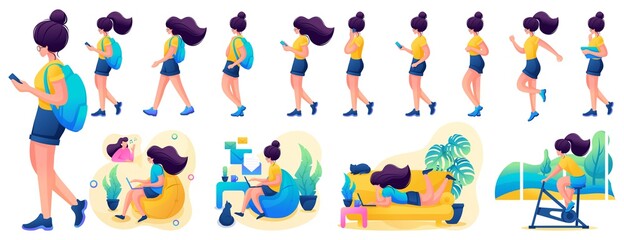 Presentation in various poses and actions character. Young Girl. 2D Flat character vector illustration N4