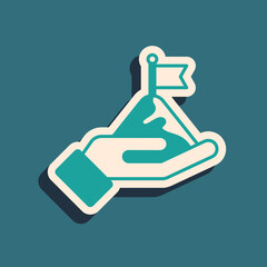 Green Mountains with flag on top icon isolated on green background. Symbol of victory or success concept. Goal achievement. Long shadow style. Vector