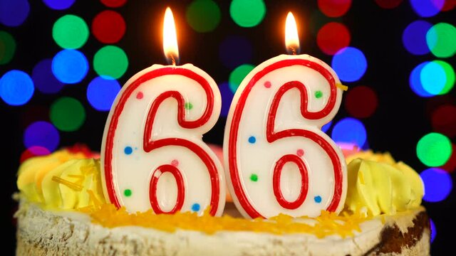 Number 66 Happy Birthday Cake Witg Burning Candles Topper.