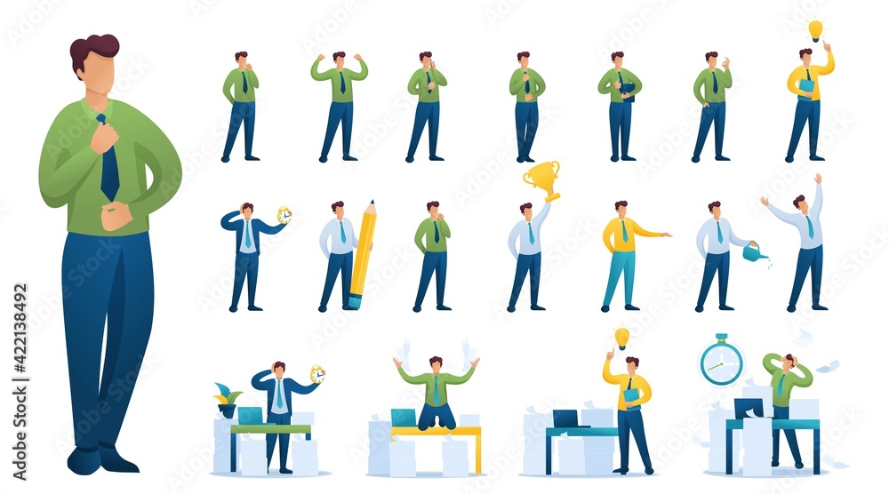 Poster set of businessman. presentation in various in various poses and actions. 2d flat character vector i