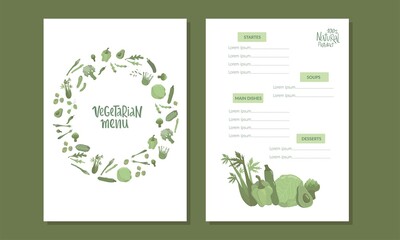 Vegetarian menu handwritten sign with vegetables. Vector stock illustration for design template vegetarian restaurant. EPS10