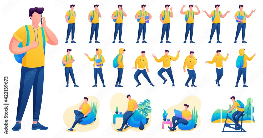 Poster presentation in various poses and actions character. young men. 2d flat character vector illustratio