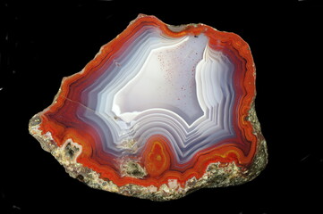 A cross section of the agate stone. Multicolored silica rings colored with metal oxides are visible. Chalcedony lamination occurs. Origin: Rudno near Krakow, Poland.