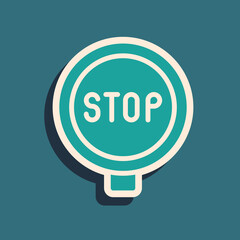 Green Stop sign icon isolated on green background. Traffic regulatory warning stop symbol. Long shadow style. Vector