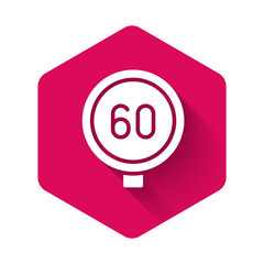 White Speed limit traffic sign 60 km icon isolated with long shadow background. Pink hexagon button. Vector