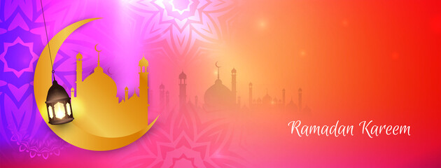 Fototapeta na wymiar Glowing colorful Ramadan Kareem festival banner design