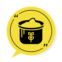 Black Bag of flour icon isolated on white background. Yellow speech bubble symbol. Vector